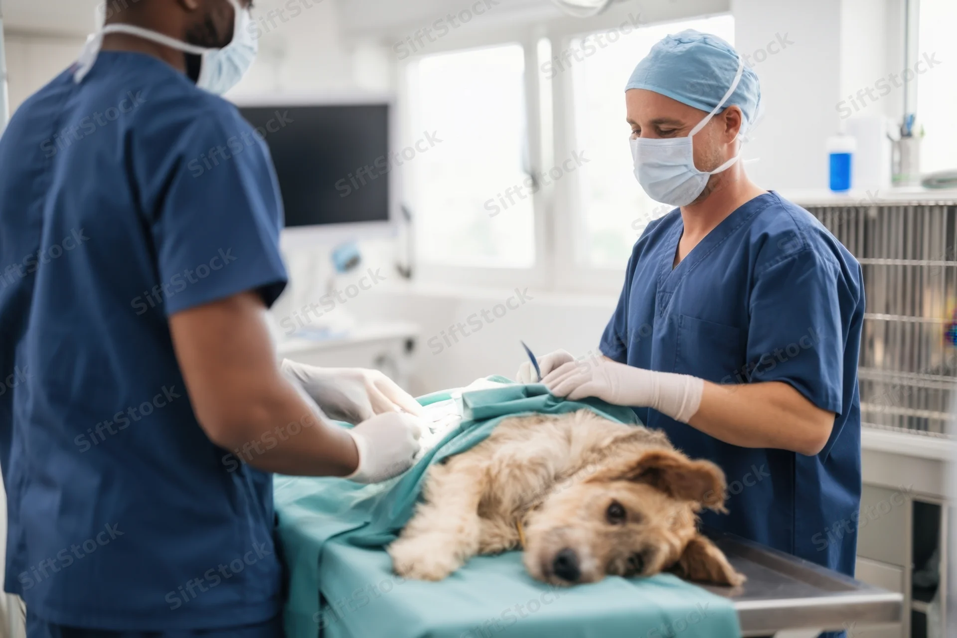 Veterinarians performing surgery on a dog in an operating room