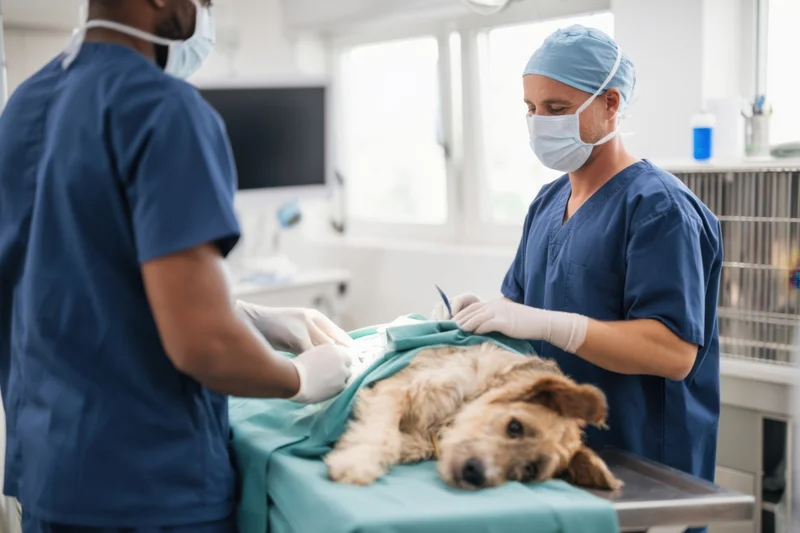 Veterinarians performing surgery on a dog in an operating room