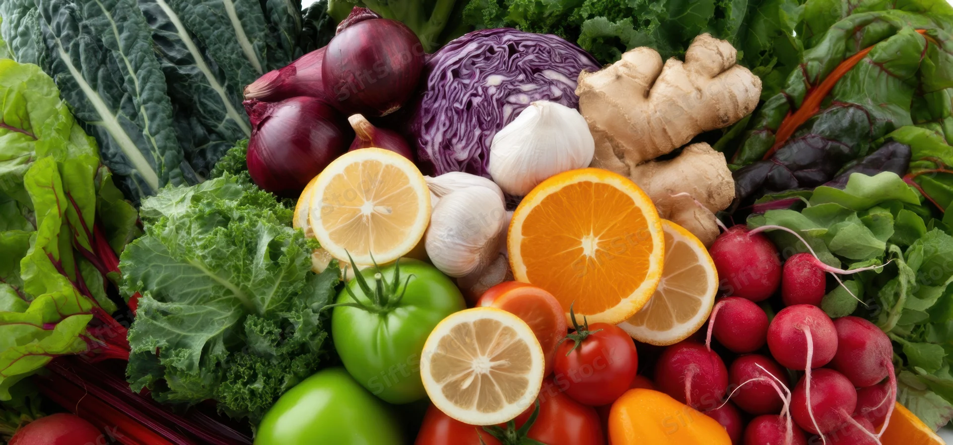 A pile of fresh vegetables and fruits arranged together in a vibrant display