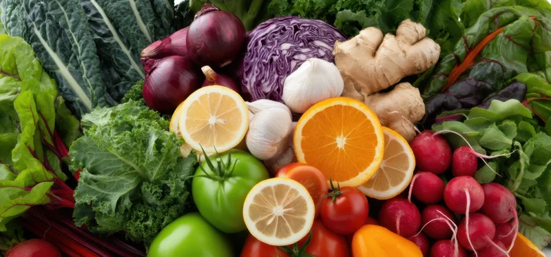 A pile of fresh vegetables and fruits arranged together in a vibrant display