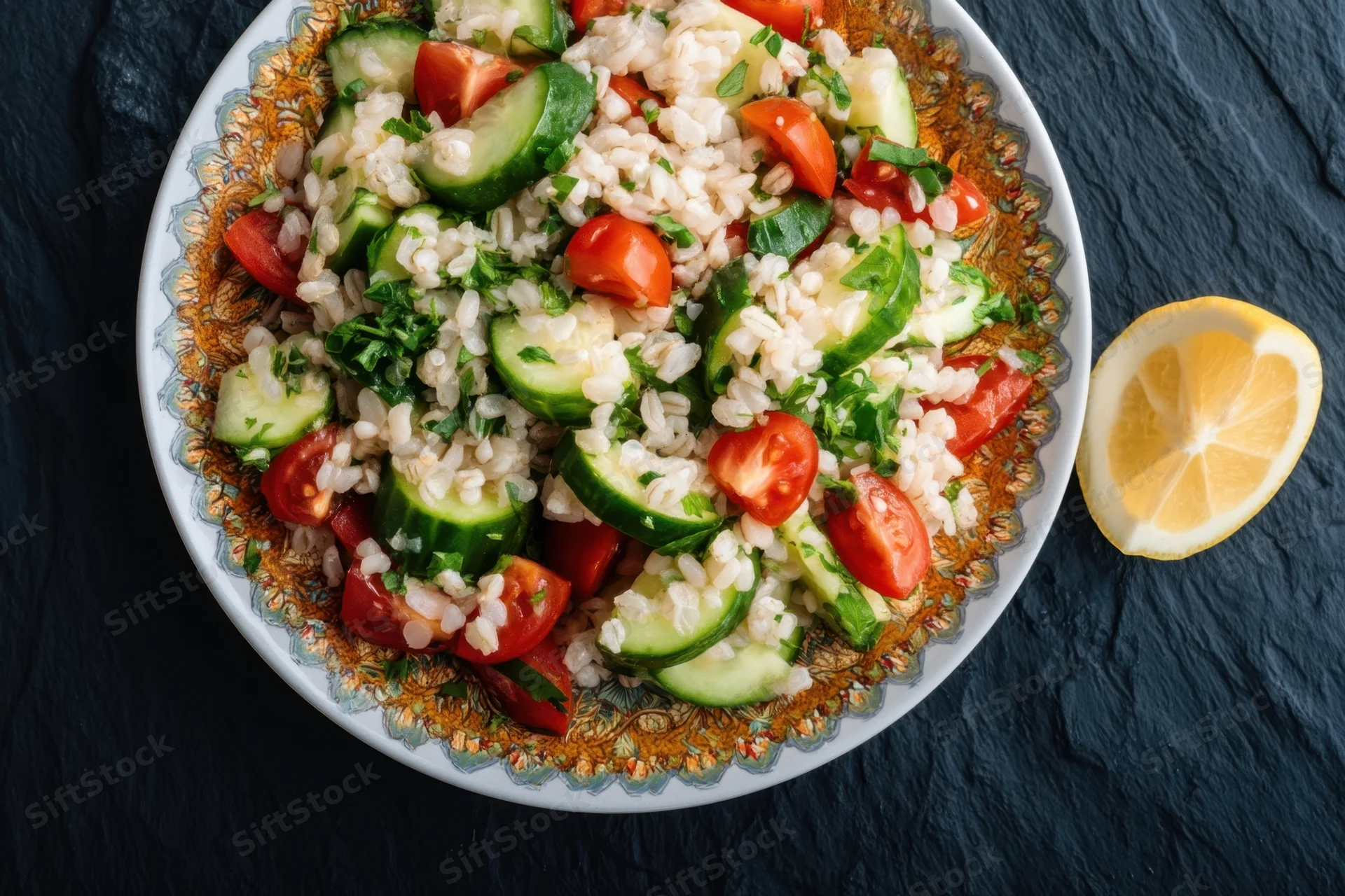 Grain salad with cucumber, tomato, and parsley on a decorative plate with lemon slice beside it on dark slate surface