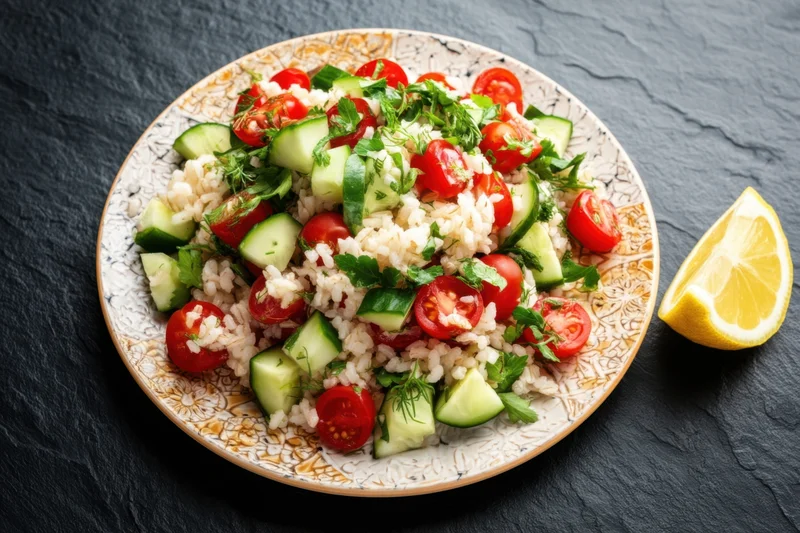 Grain salad with cherry tomatoes, cucumbers, herbs and lemon wedge on a decorative plate set on dark slate surface