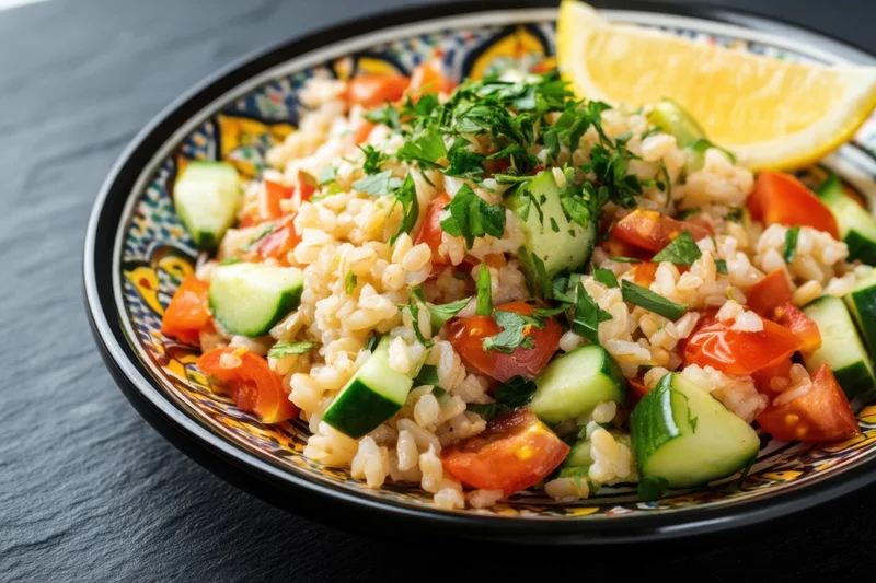 Grain salad with chopped tomatoes, cucumbers, parsley and lemon wedge on a decorative plate