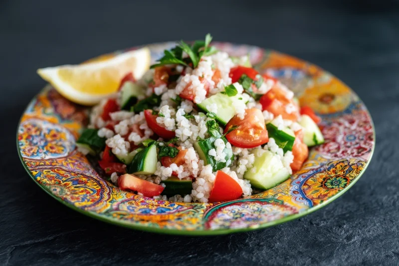 Vibrant grain salad with tomatoes, cucumbers, parsley and lemon wedge on a colorful patterned plate