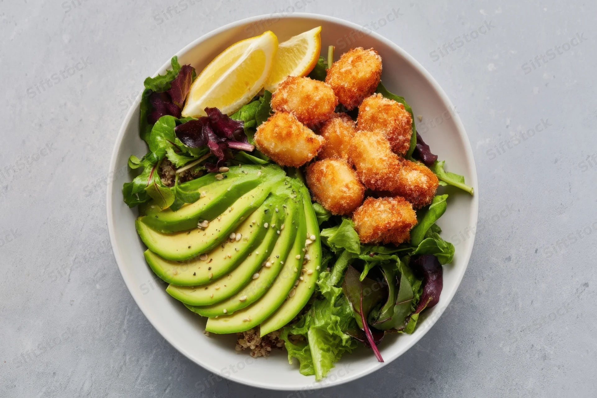 Salad bowl with sliced avocado, crispy croutons, mixed greens and lemon wedges on a white surface