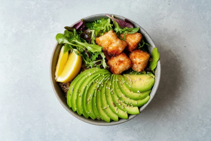 A salad bowl with fan-sliced avocado, crispy tofu, greens and lemon on a gray surface