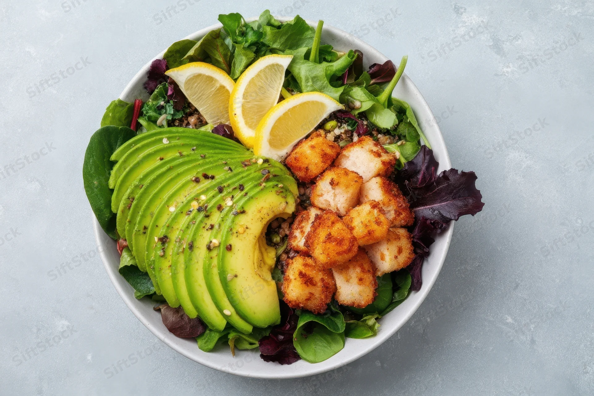 A salad bowl with sliced avocado, crispy tofu, mixed greens and lemon wedges on a light gray surface