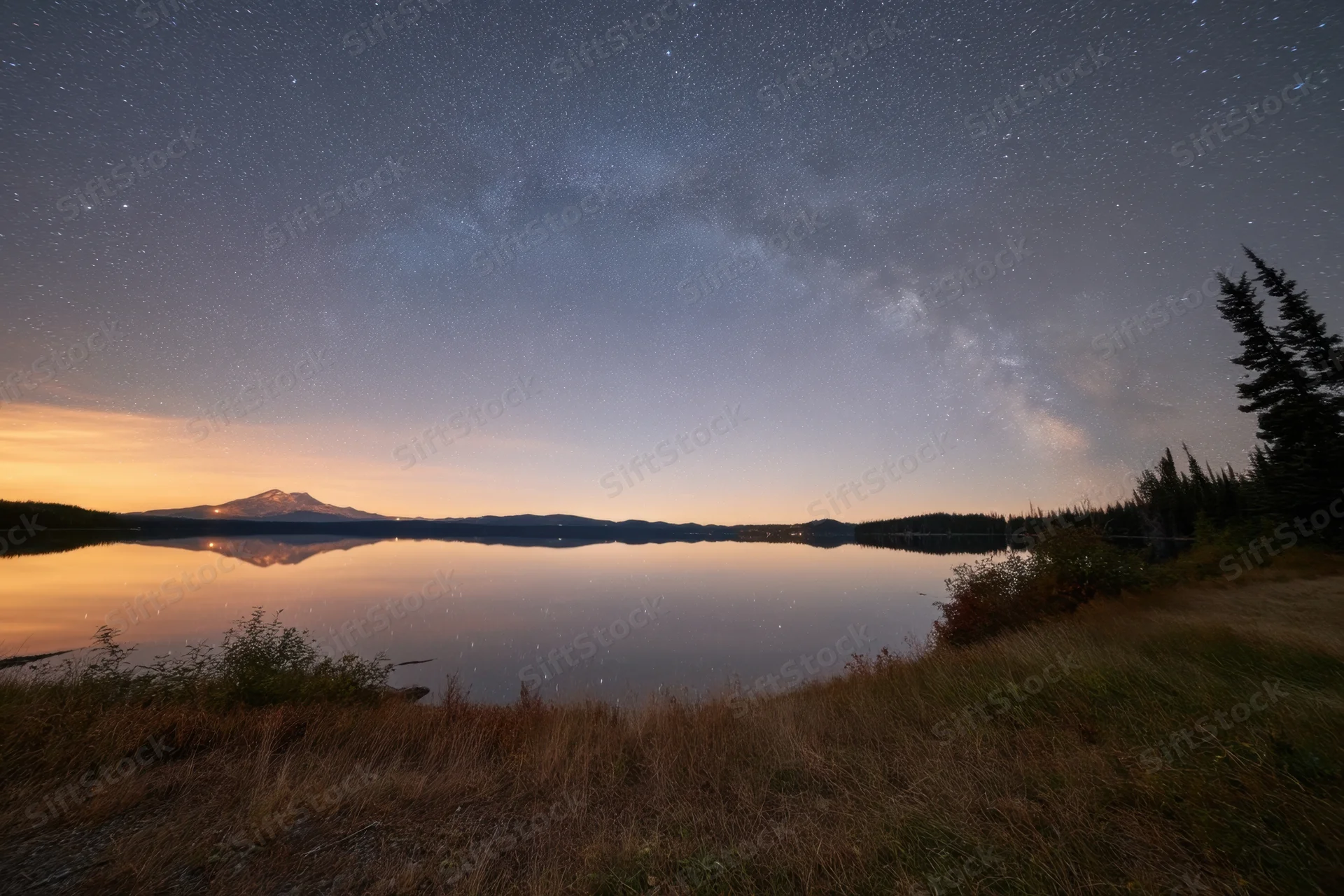 Star-filled night sky reflected in calm lake with distant mountain and forested shore