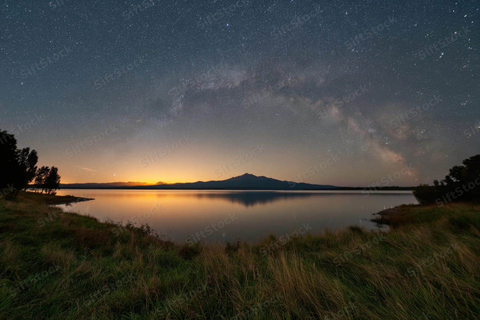 Star-filled night sky over a calm lake reflecting distant mountain at twilight