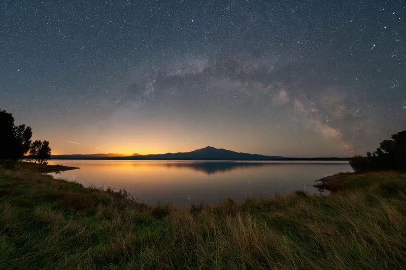Star-filled night sky over a calm lake reflecting distant mountain at twilight