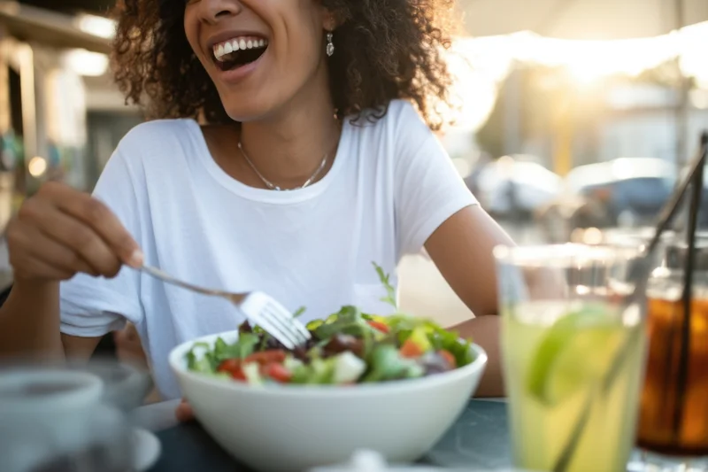 Woman laughing while eating salad at outdoor cafe table
