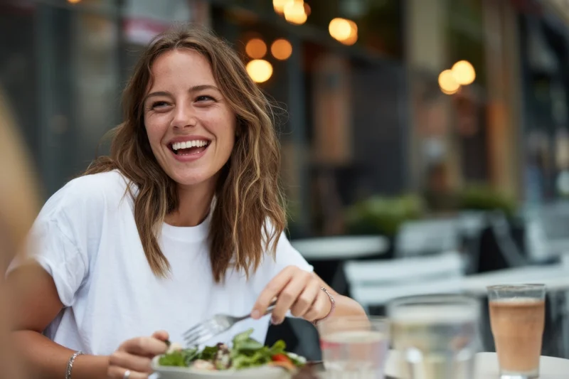 Woman laughing while eating salad at outdoor cafe table