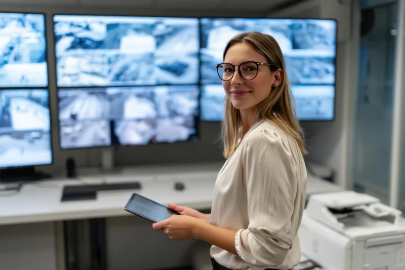 Woman holding tablet in security control room with multiple monitors displaying surveillance footage