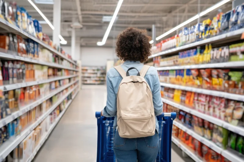 Woman pushing shopping cart through supermarket aisle with backpack on back