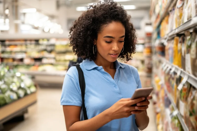 Woman using smartphone while shopping in supermarket aisle