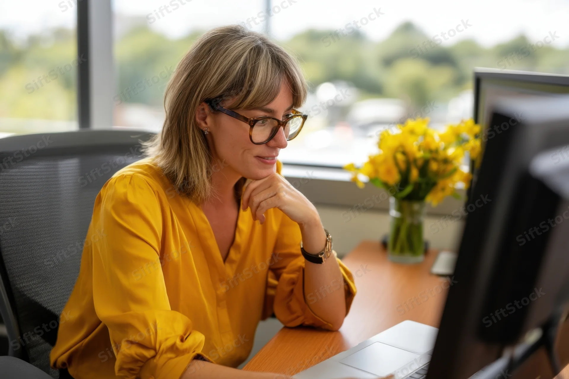 Woman in yellow blouse working at desk with laptop and monitor in office near window with flowers