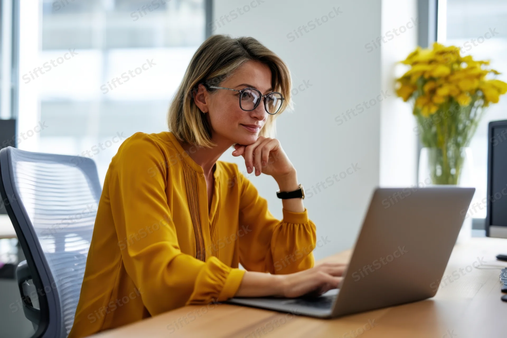 Woman in yellow blouse working on laptop at office desk with flowers nearby