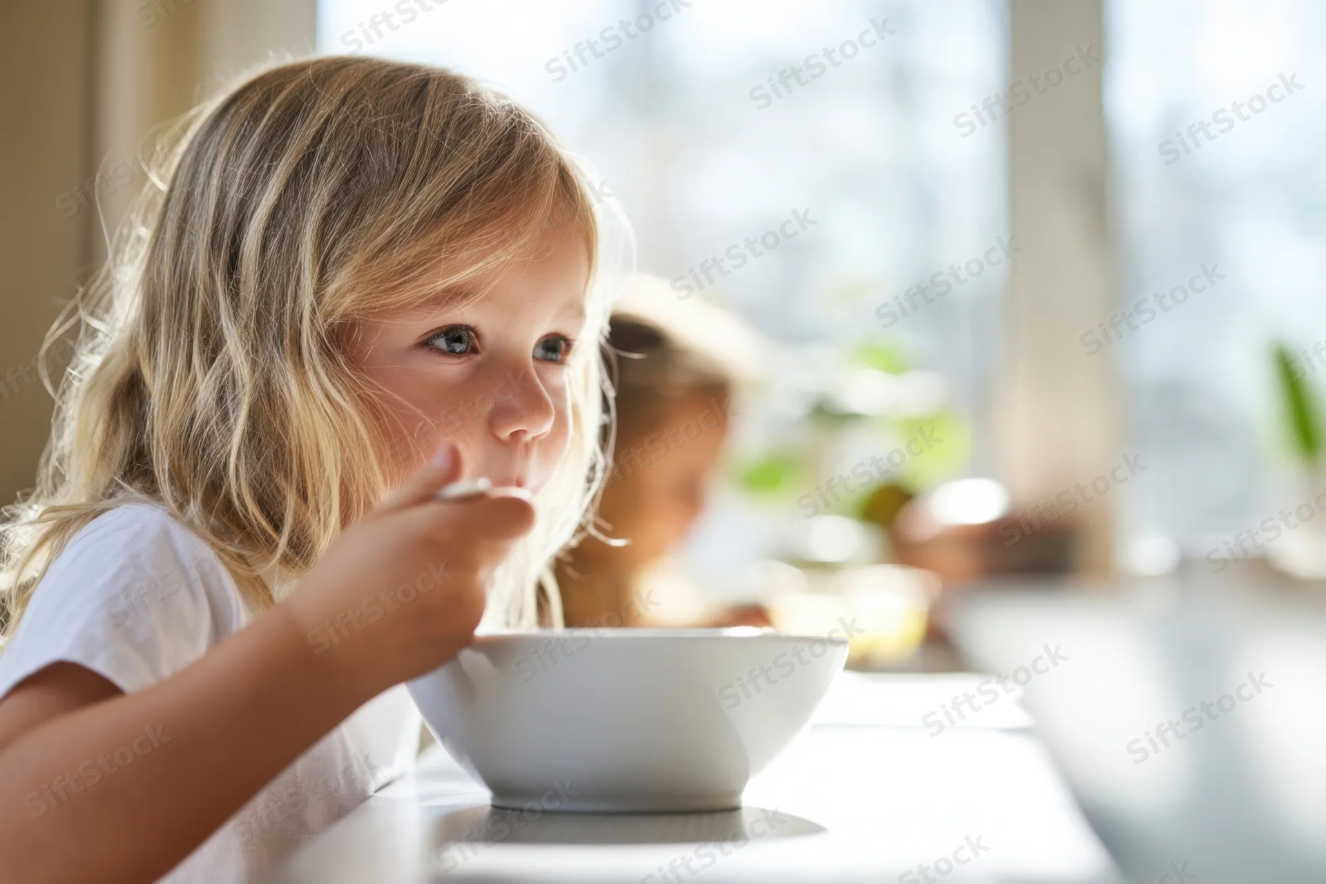 Young blonde girl eating from a white bowl at a kitchen table by a window