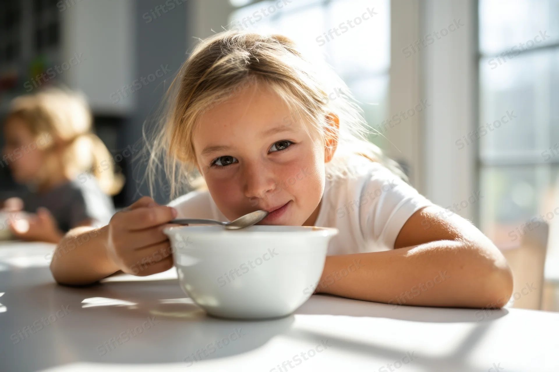Young blonde girl eating cereal from a white bowl at a kitchen table with sunlight streaming through a window