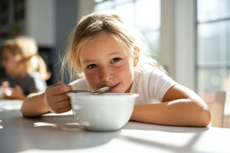 Young blonde girl eating cereal from a white bowl at a kitchen table with sunlight streaming through a window