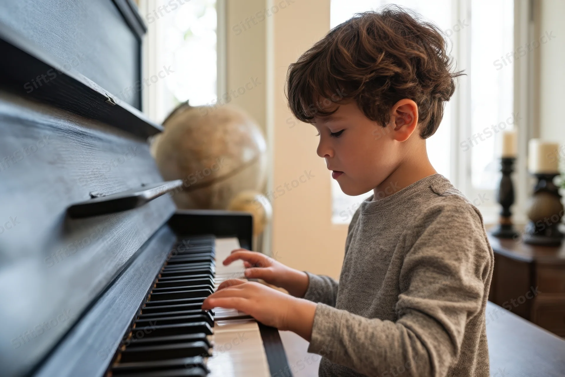 Young boy playing piano at home with focused expression