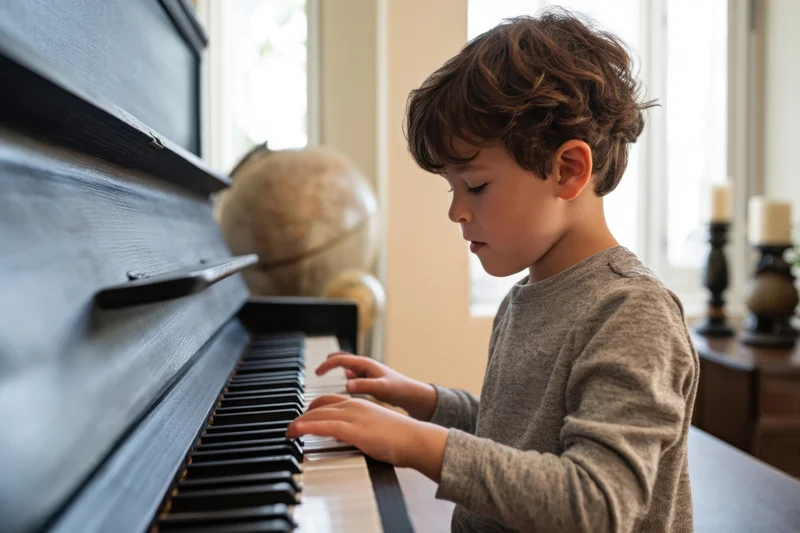 Young boy playing piano at home with focused expression