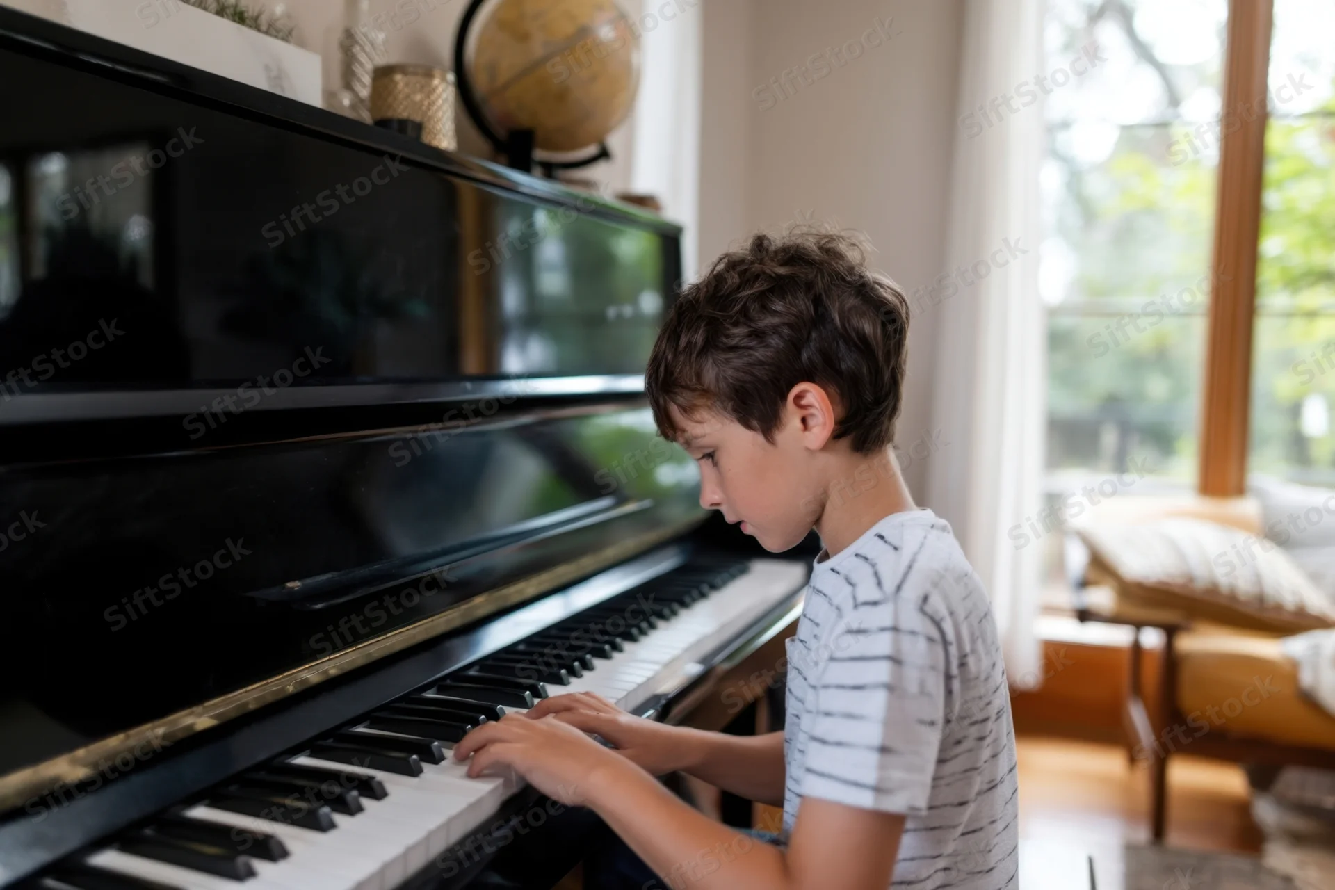 Young boy playing piano at home with hands on keys near window