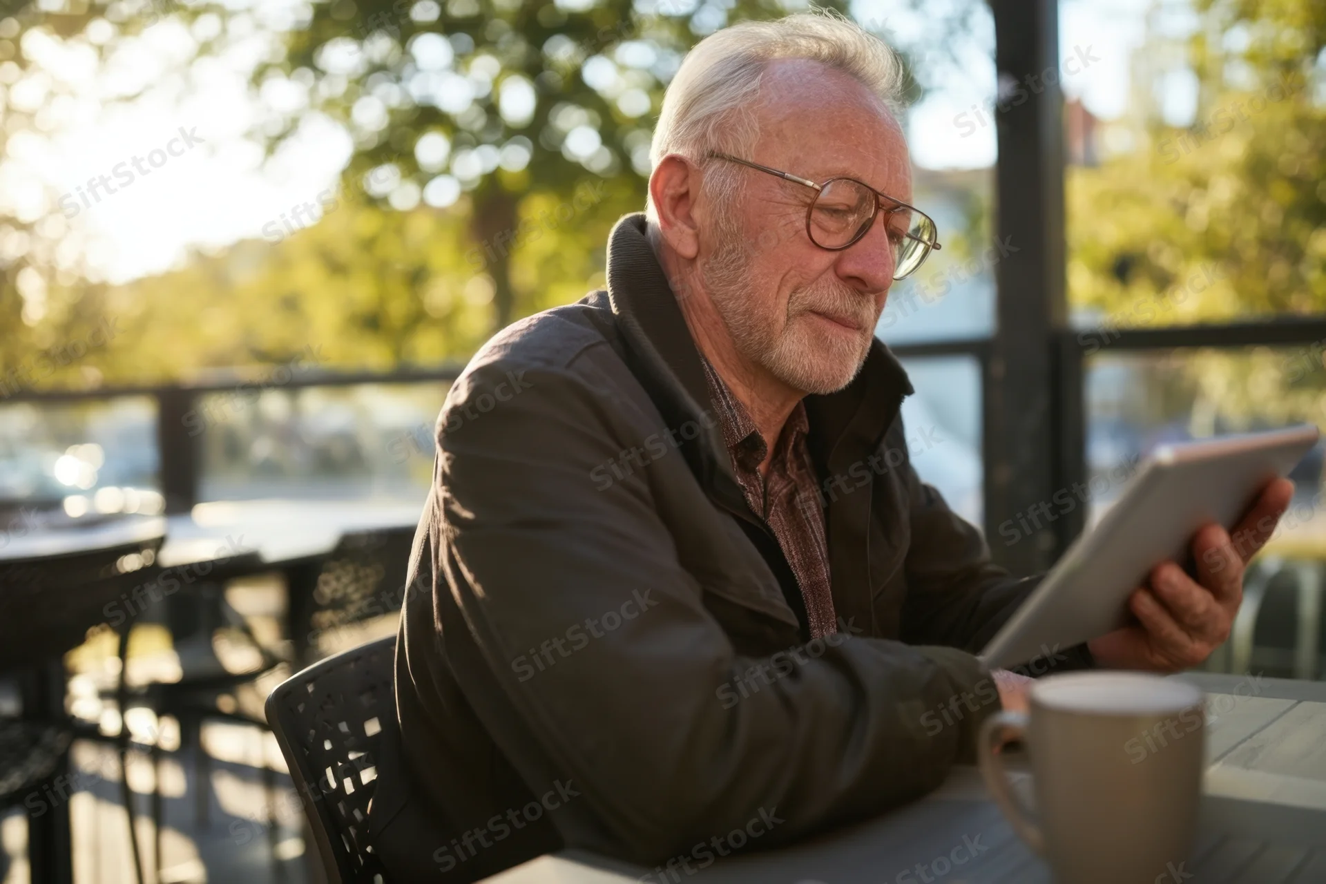 Senior man reading on tablet at outdoor cafe table with coffee mug