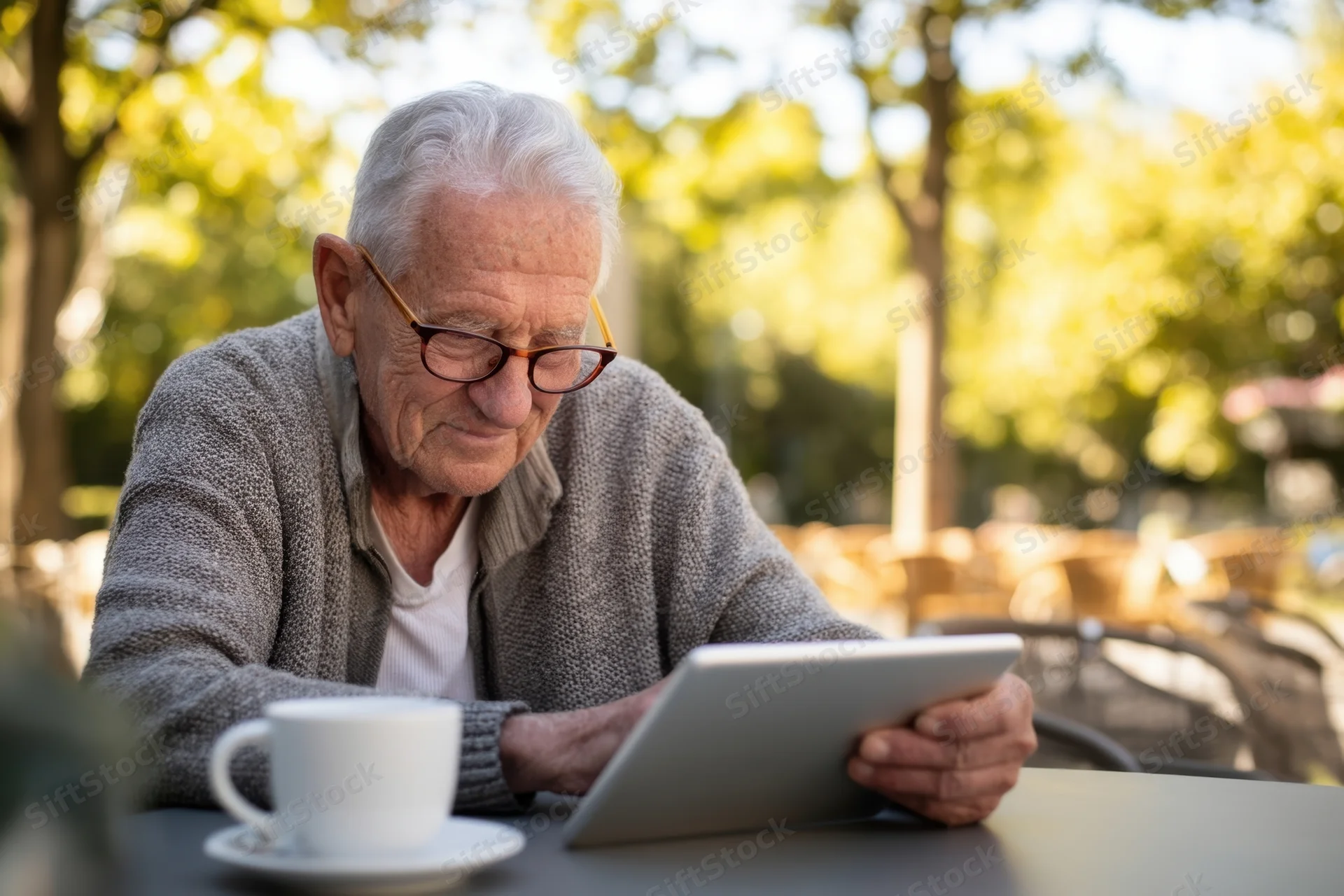 Elderly man using tablet at outdoor cafe table with coffee cup