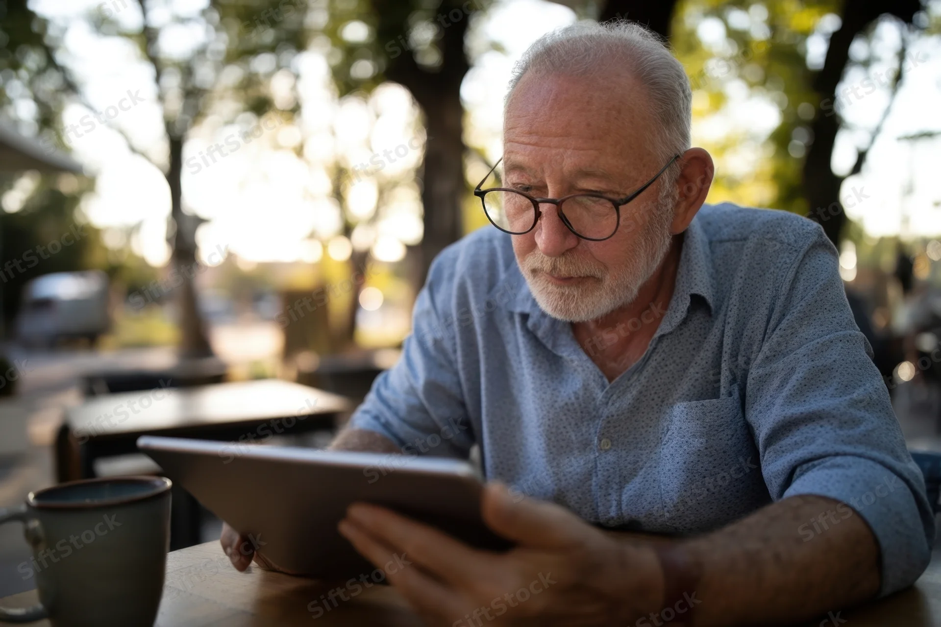 Senior man using tablet at outdoor cafe table with coffee mug