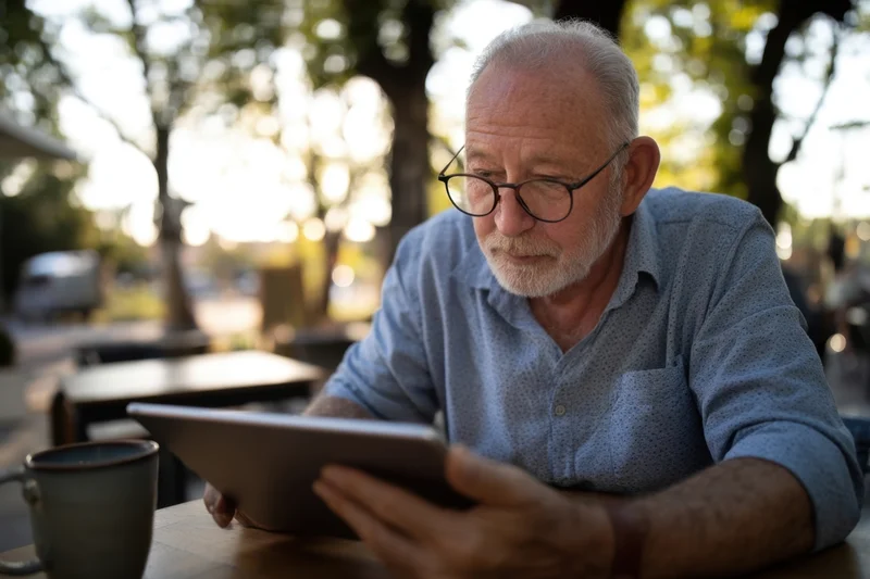 Senior man using tablet at outdoor cafe table with coffee mug