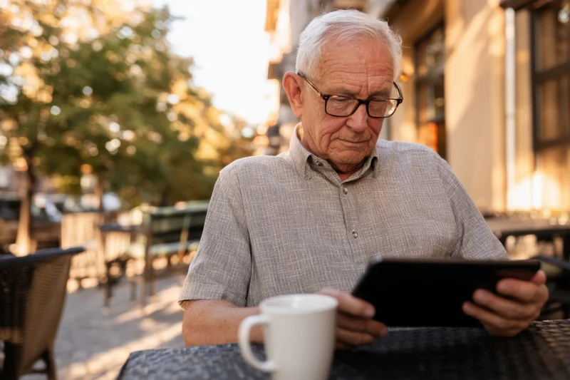 Elderly man using tablet at outdoor cafe table with coffee mug
