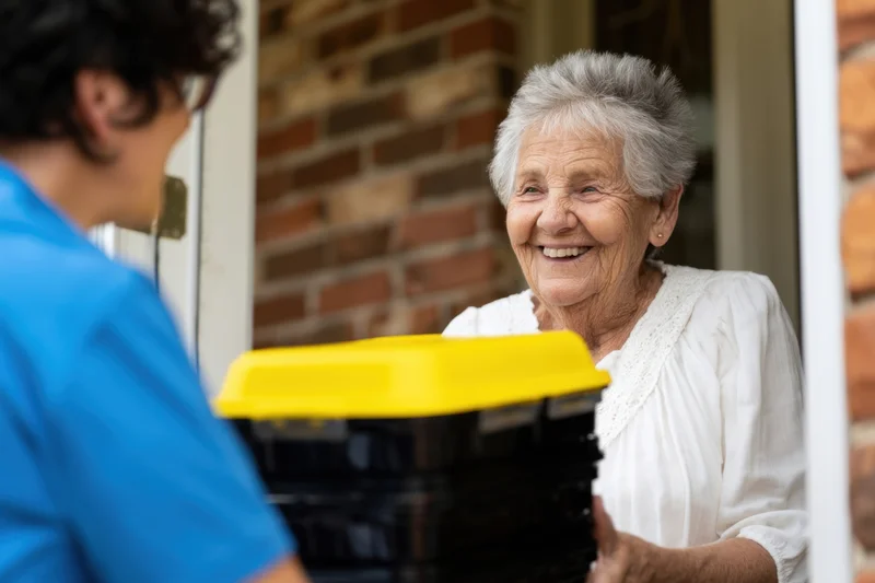 Elderly woman smiling at caregiver receiving delivery container at home door