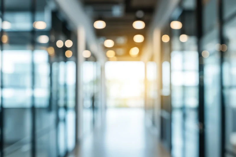 Blurred modern office corridor with glass walls and bright natural light