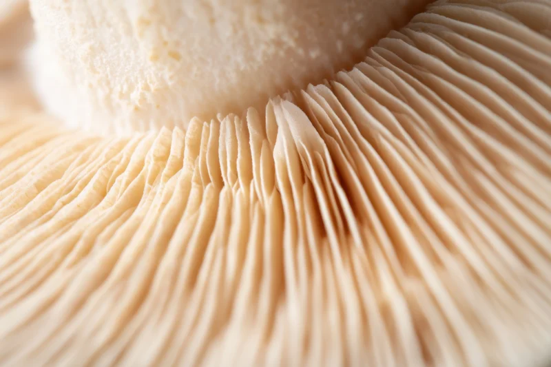 Closeup of pale beige mushroom gills showing delicate radiating texture