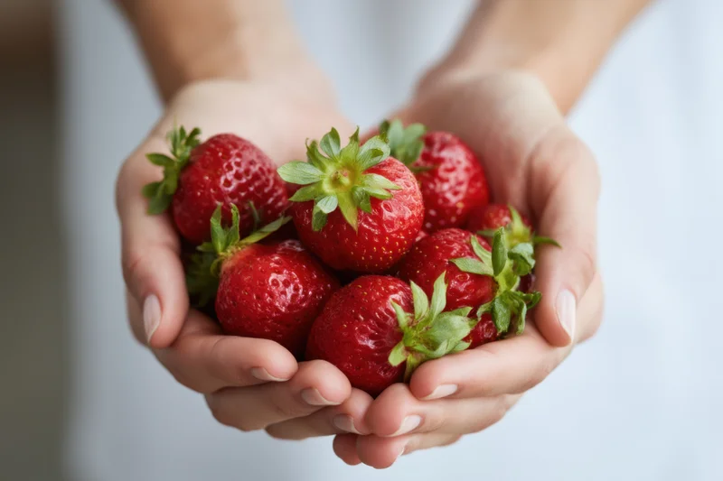 Hands holding ripe strawberries in a cupped gesture against a light background