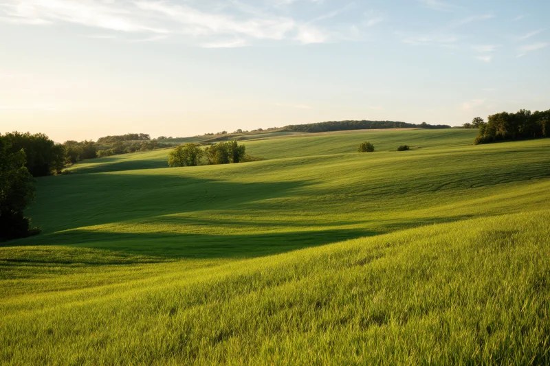 Rolling green fields under soft sunlight stretching across hills in rural countryside