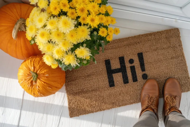 Feet in brown boots standing on a doormat with "Hi!" beside pumpkins and yellow flowers on a white porch