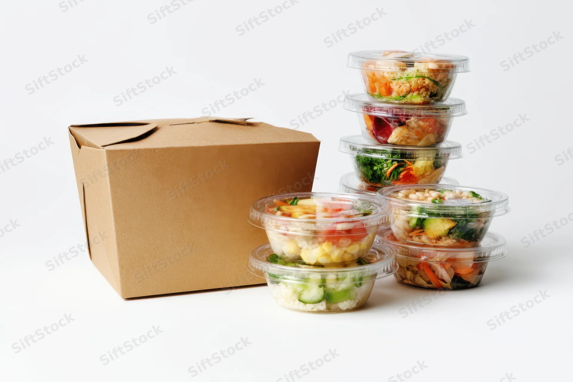 Prepacked meals in transparent containers and a cardboard box arranged on a white surface