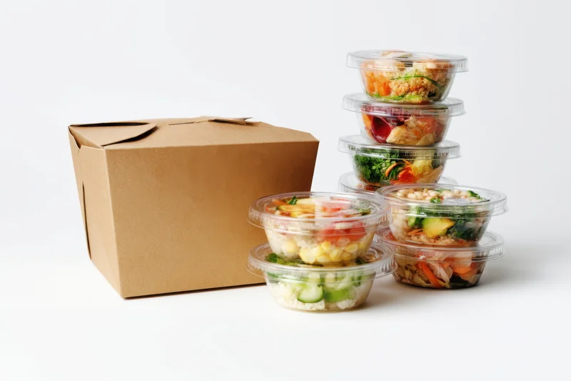 Prepacked meals in transparent containers and a cardboard box arranged on a white surface