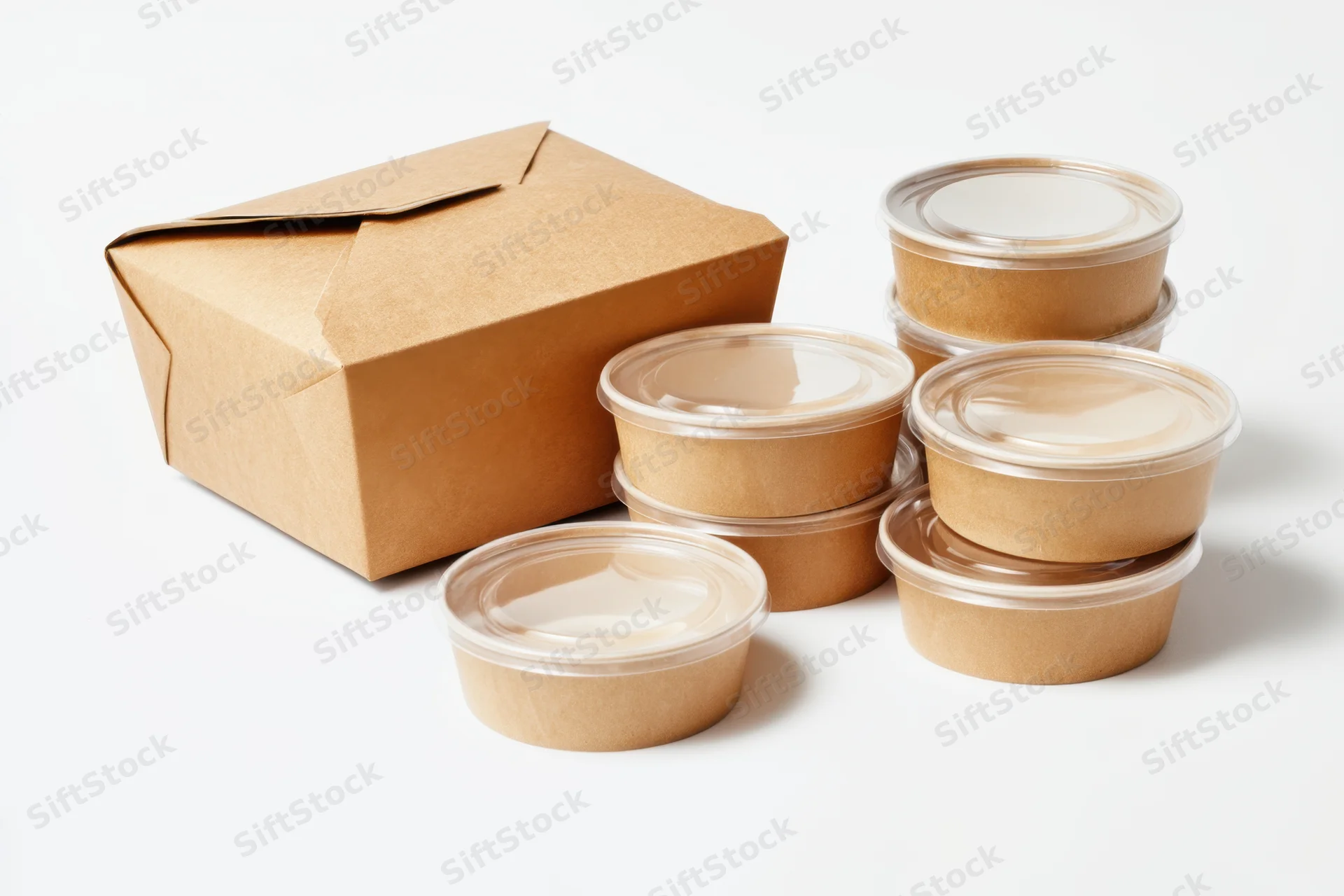 Brown cardboard takeout box and stacked round containers with clear lids on white background
