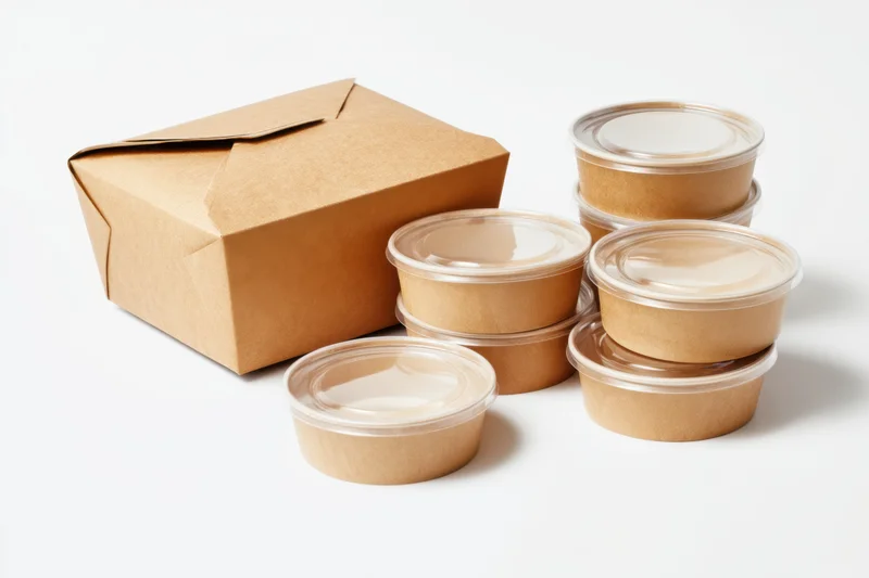 Brown cardboard takeout box and stacked round containers with clear lids on white background
