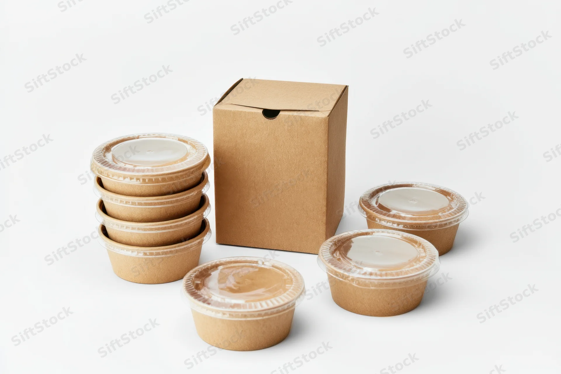 Brown cardboard food containers with clear lids arranged around a box on white background