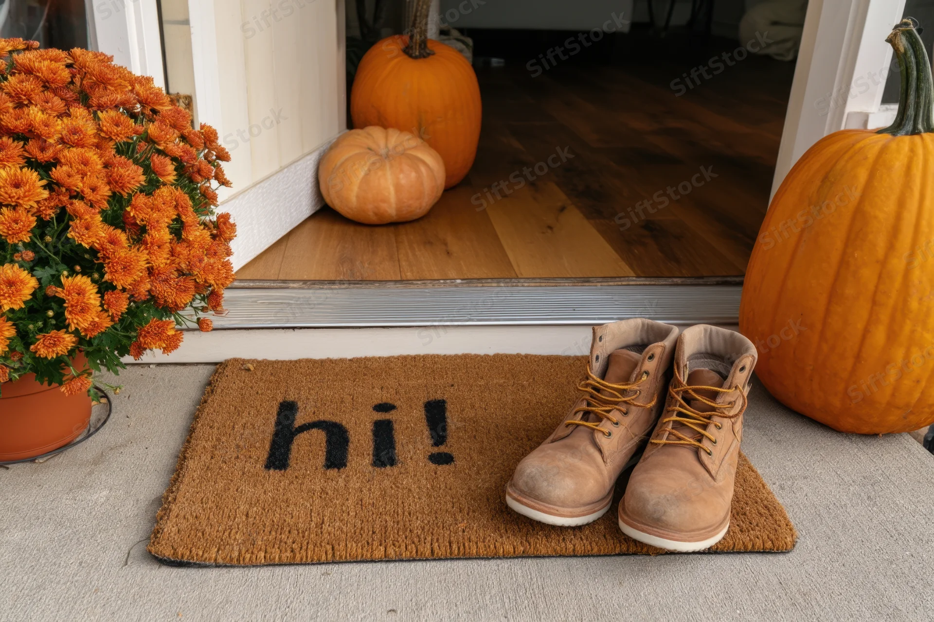 Autumn entryway with pumpkins, orange flowers, and boots on a hi doormat at front door threshold