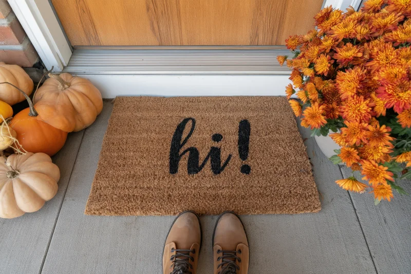 Doormat with hi greeting at autumn porch entrance with pumpkins and flowers