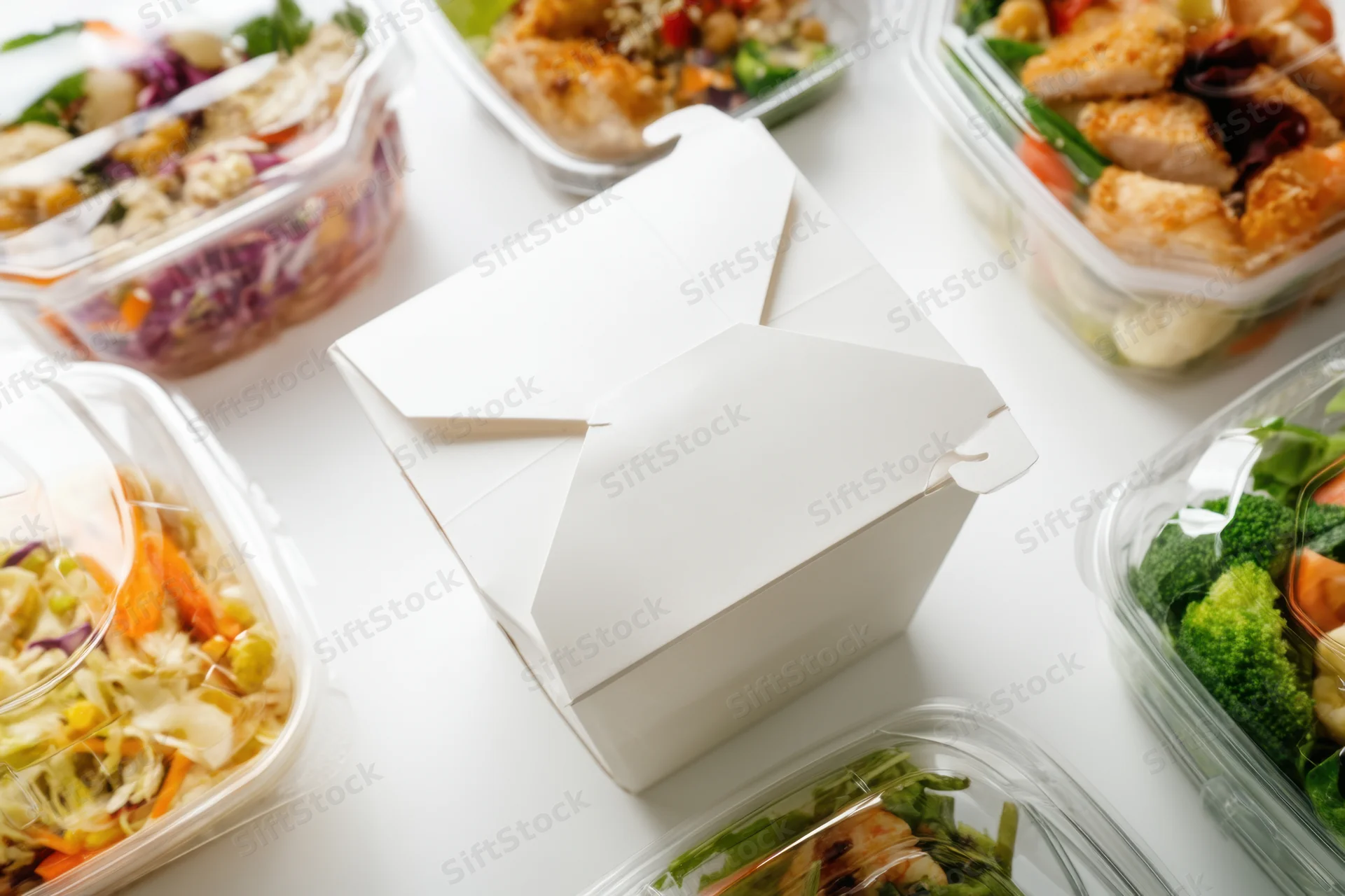 White takeout box surrounded by plastic containers of prepared meals on a bright surface