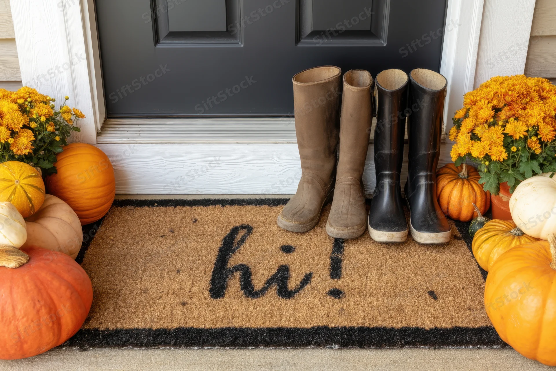 Autumn entrance with boots and pumpkins on a welcome mat by a front door