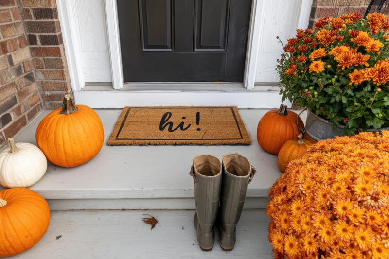 Autumn entrance decorated with pumpkins and orange mums on a front porch with a doormat reading hi and boots on the steps