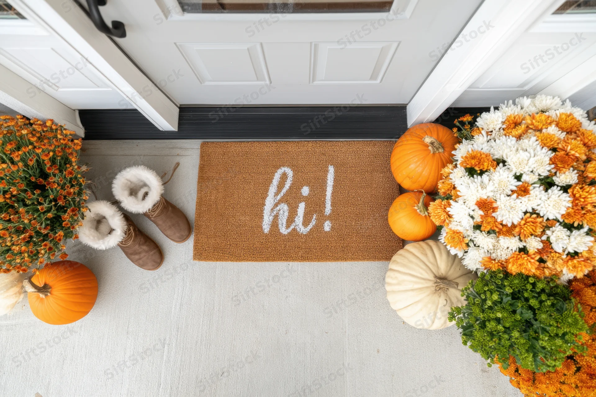 Top-down view of a decorated porch with pumpkins, flowers, and a welcome mat at the front door