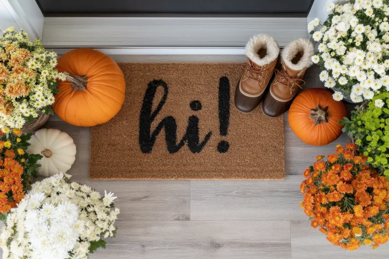 Doormat with hi text flanked by pumpkins and flower arrangements on a porch entryway